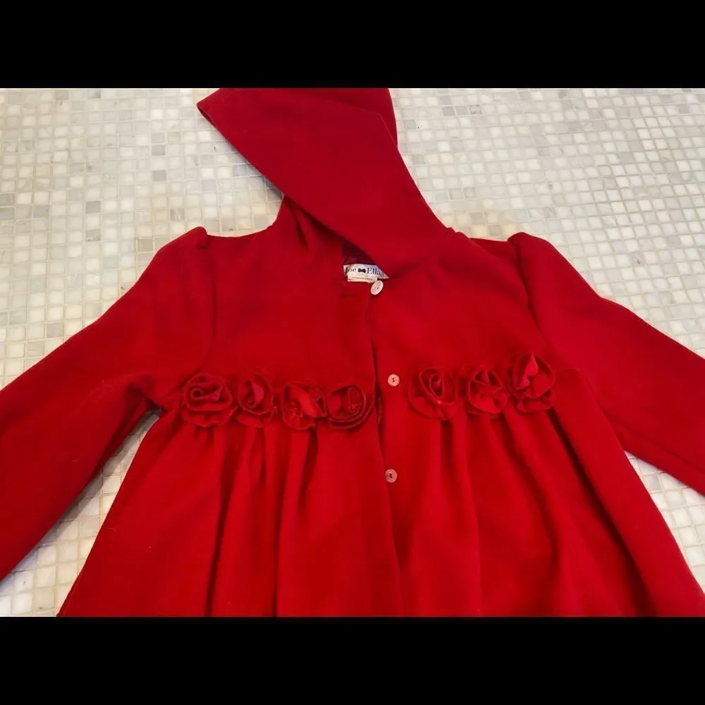 Joe Elle Formal Dressy Red Coat with Hood and Rose Pleating Details